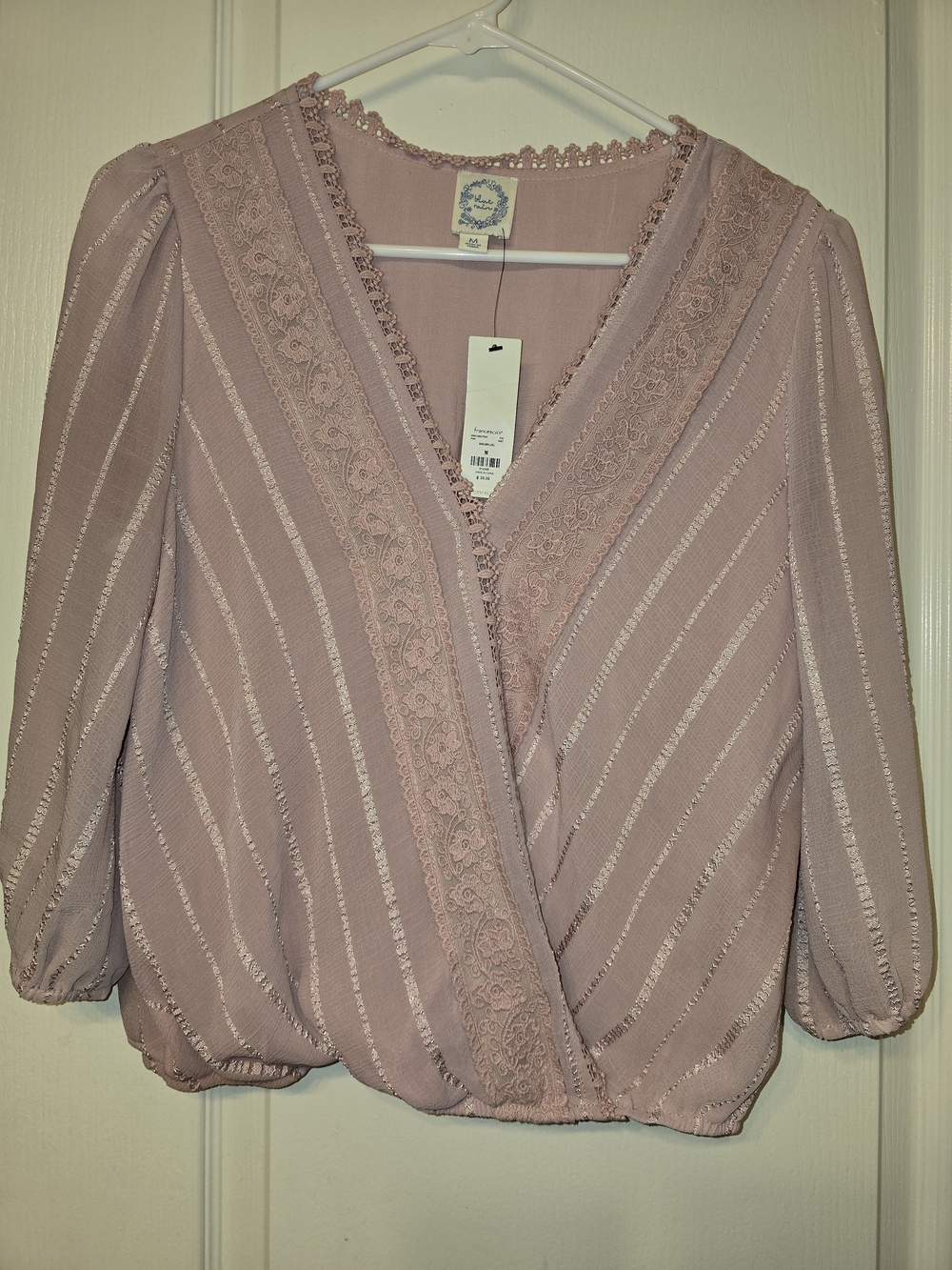 Francesca's Collections Dusty Mauve Lace Trim V-Neck Blouse